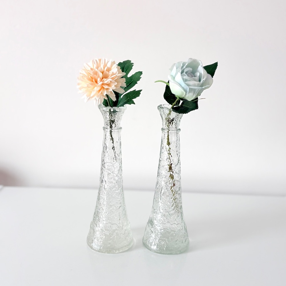 Pair of Vintage Libbey EAPG Pressed Glass Bud Vases Embossed Oak Leaf 9"